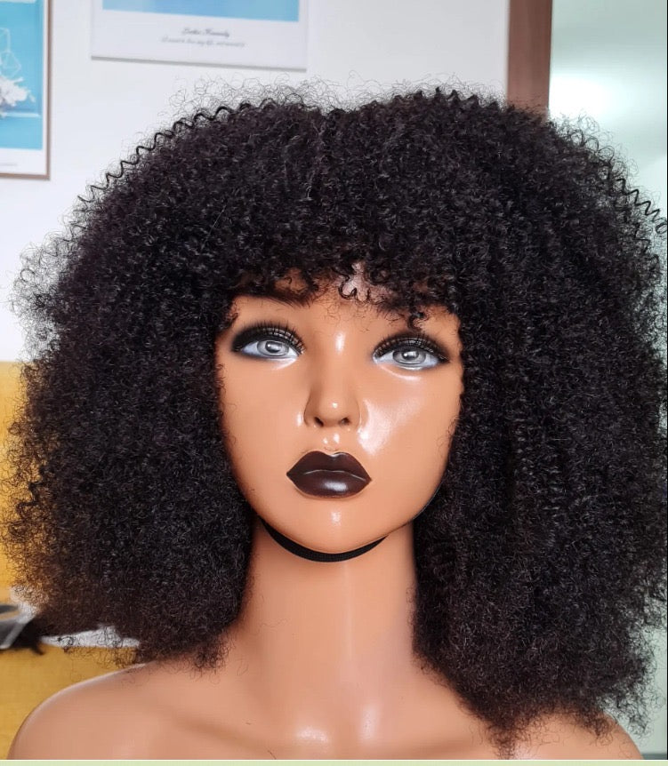 Bang curly human hair wig