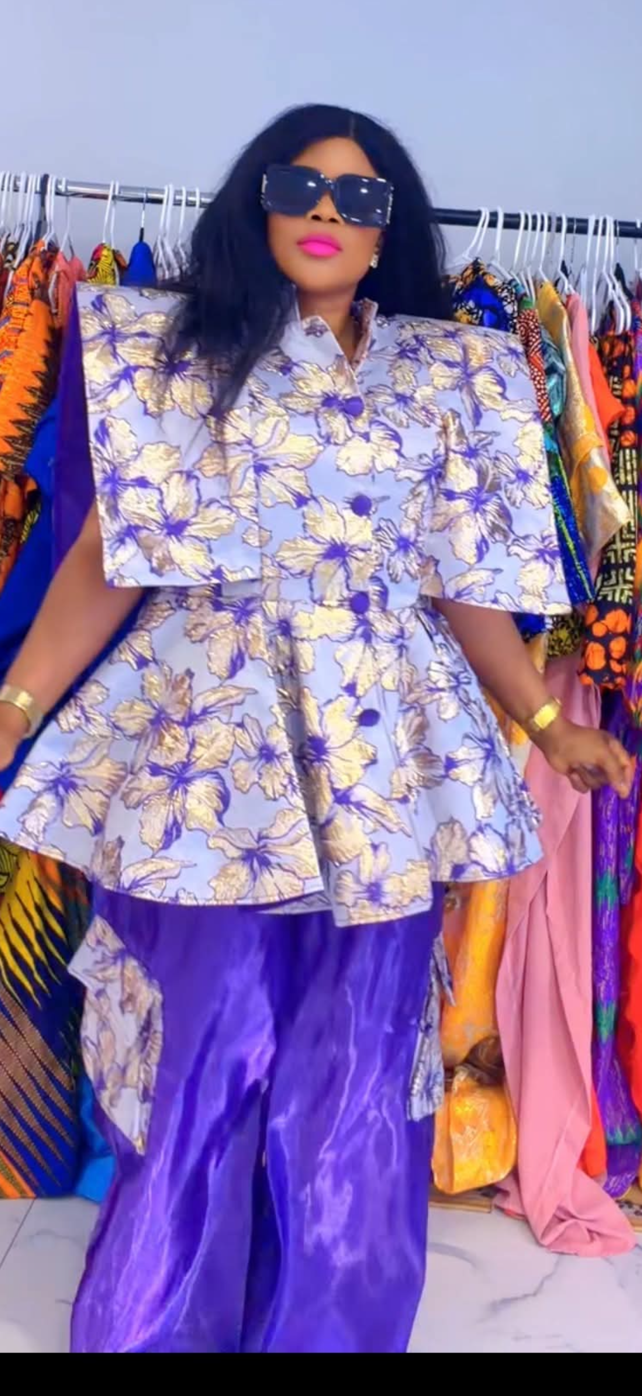 Floral purple and gold pantsuit