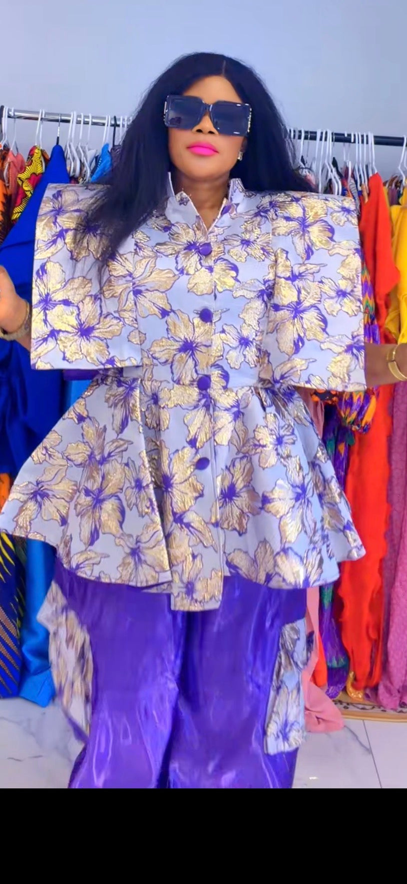 Floral purple and gold pantsuit