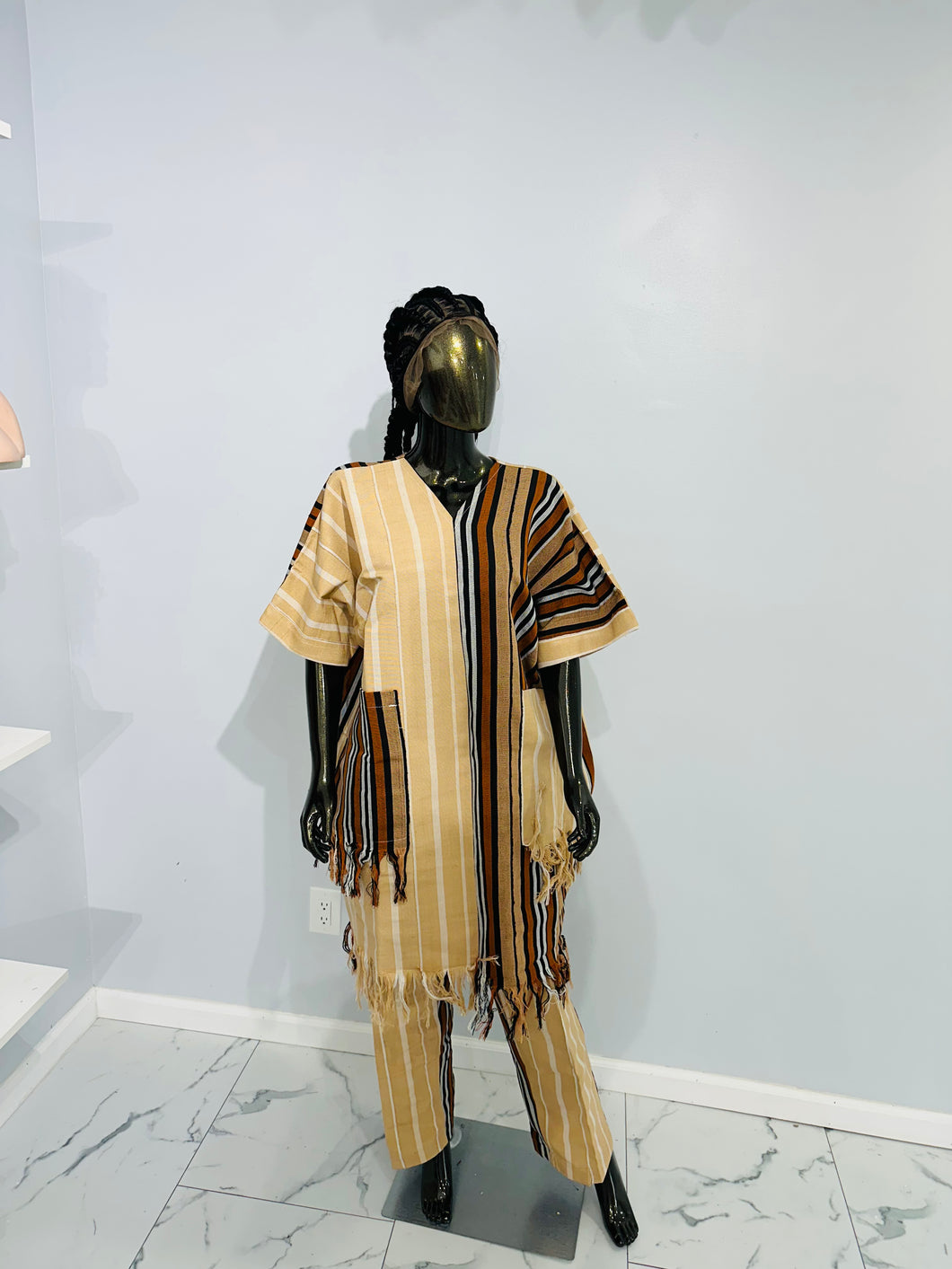 Light brown and dark brown Kente pantsuit