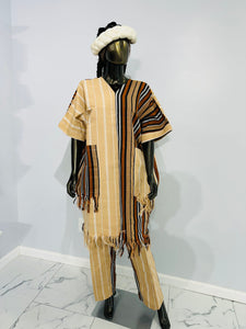 Light brown and dark brown Kente pantsuit