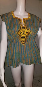 Sleeveless African Ghana Kente Cloth Top Embroidered Top- Sz M