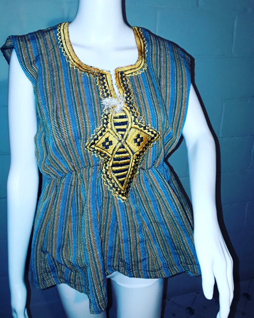 Sleeveless African Ghana Kente Cloth Top Embroidered Top- Sz M