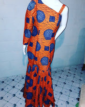 Load image into Gallery viewer, One Sleeve mermaid style African Print Dress Orange &amp; Blue-Sz L