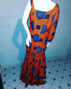 One Sleeve mermaid style African Print Dress Orange & Blue-Sz L
