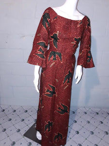Off Shoulder African Print Dress Burgundy and Green-Sz M