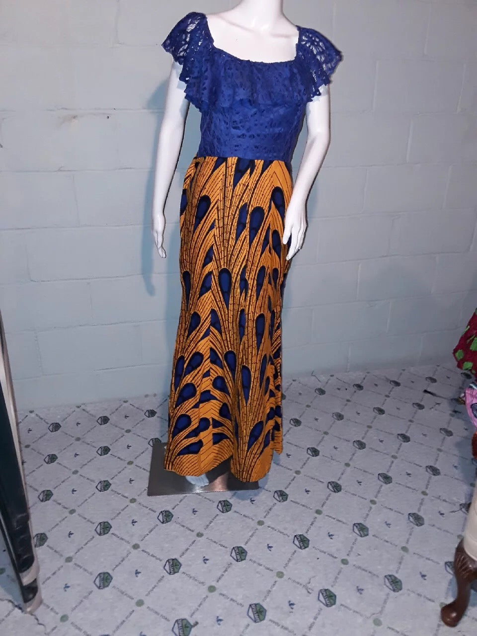 Lace Top Dress-Blue and Yellow Multicolored-Sz M